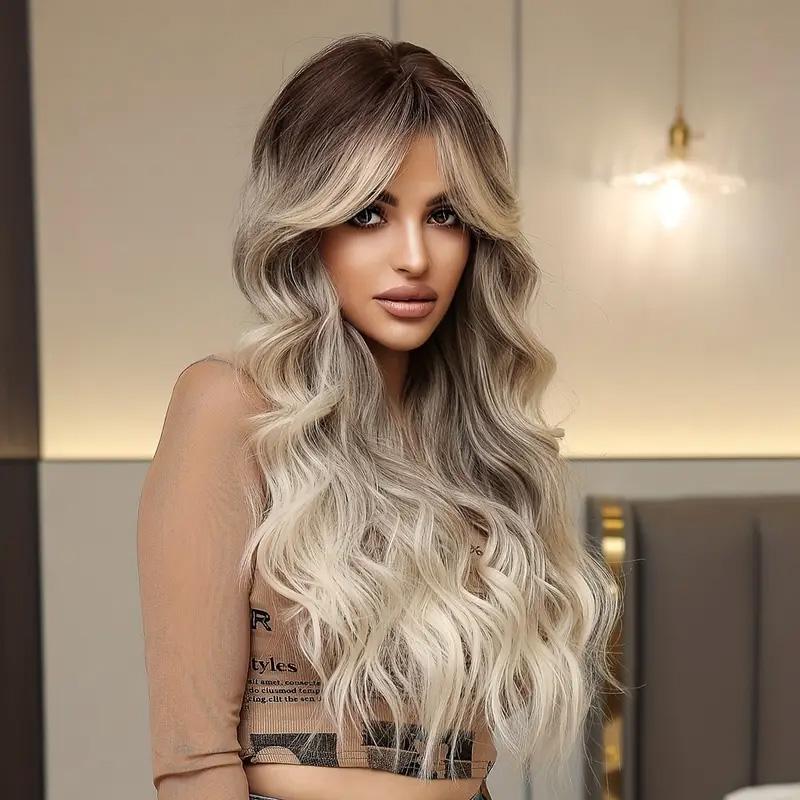 26 Inch Long Curly Wavy Hair Wigs Middle Part Layered Synthetic Fiber Hair Wigs 2102