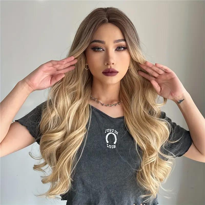 26 Inch Long Ash Blonde Wig with bangs Natural Wavy Hair