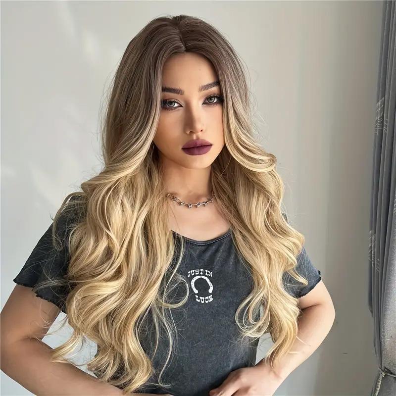 26 Inch Long Ash Blonde Wig with bangs Natural Wavy Hair